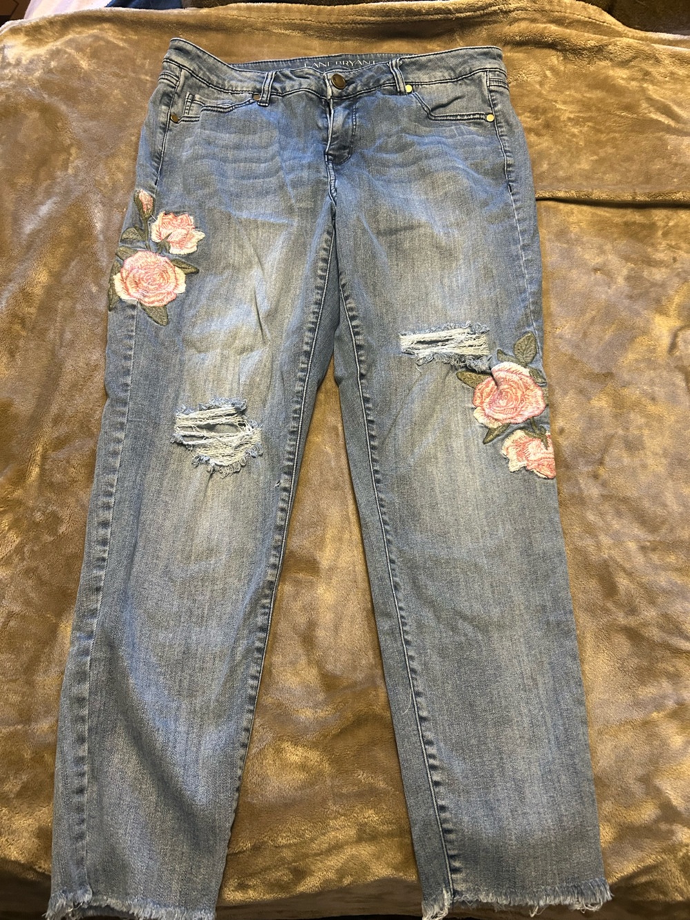 Lane Bryant Light Blue Skinny Jeans with Pink Rose Embroidery